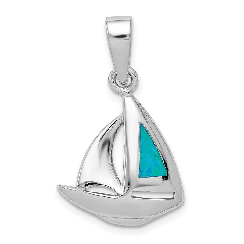 Sterling Silver Blue Inlay Created Opal Sailboat Pendant 