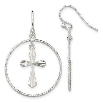 Sterling Silver Polished Diamond-cut Cross Dangle in Ring Earrings