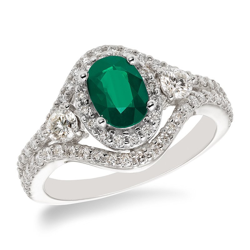 White gold, oval genuine emerald and diamond halo ring