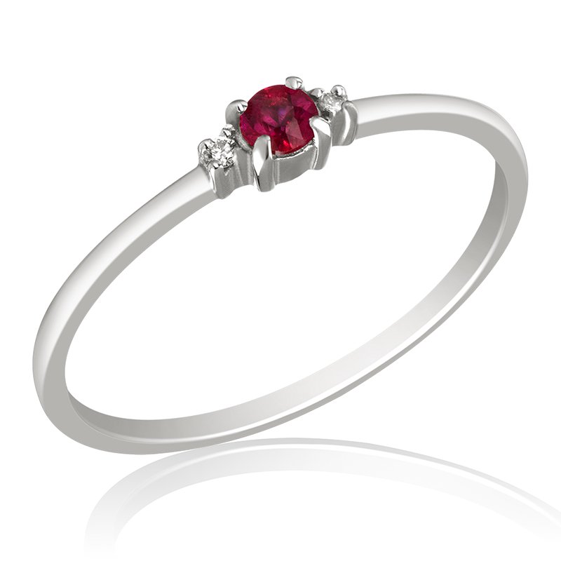 White gold, round genuine ruby, petite diamond fashion ring