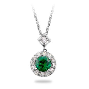 Sterling silver, cubic zirconia, and synthetic emerald round halo pendant
