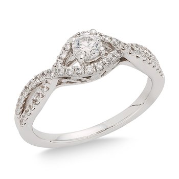 White gold, round diamond engagement ring with twisted diamond shank