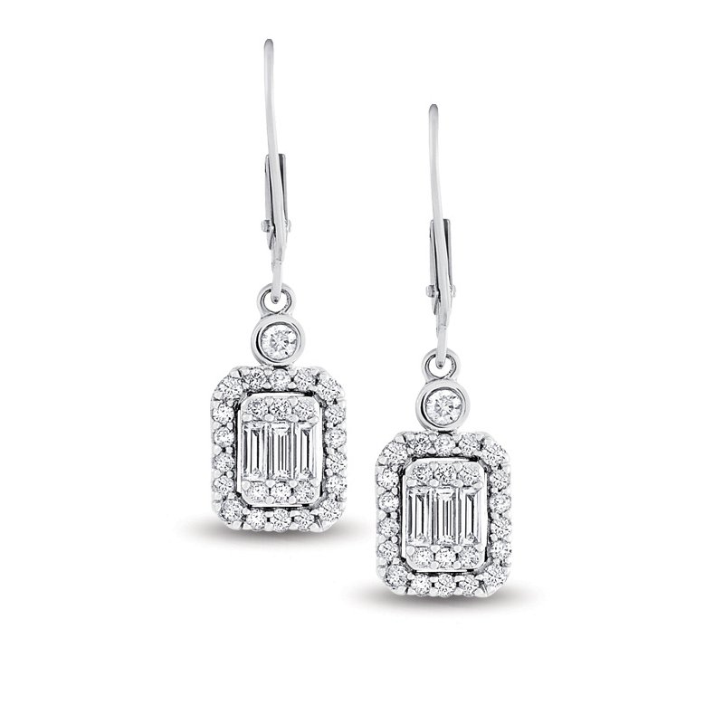 White gold, baguette and round diamond dangle earrings