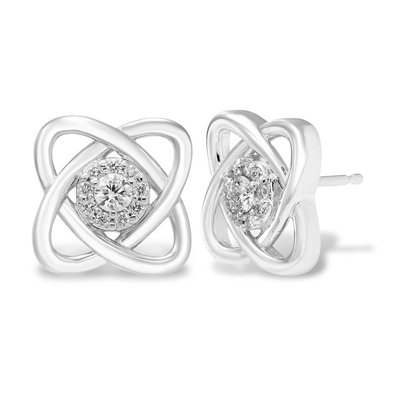 Sterling silver knot-design and diamond stud earrings