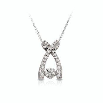 White gold diamond 'X' fashion pendant with a round, twinkling diamond