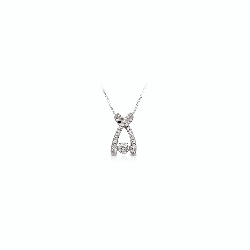 White gold diamond 'X' fashion pendant with a round, twinkling diamond