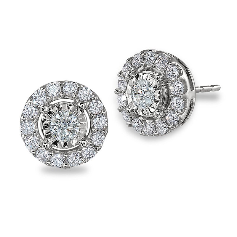 White gold and round diamond halo stud earrings
