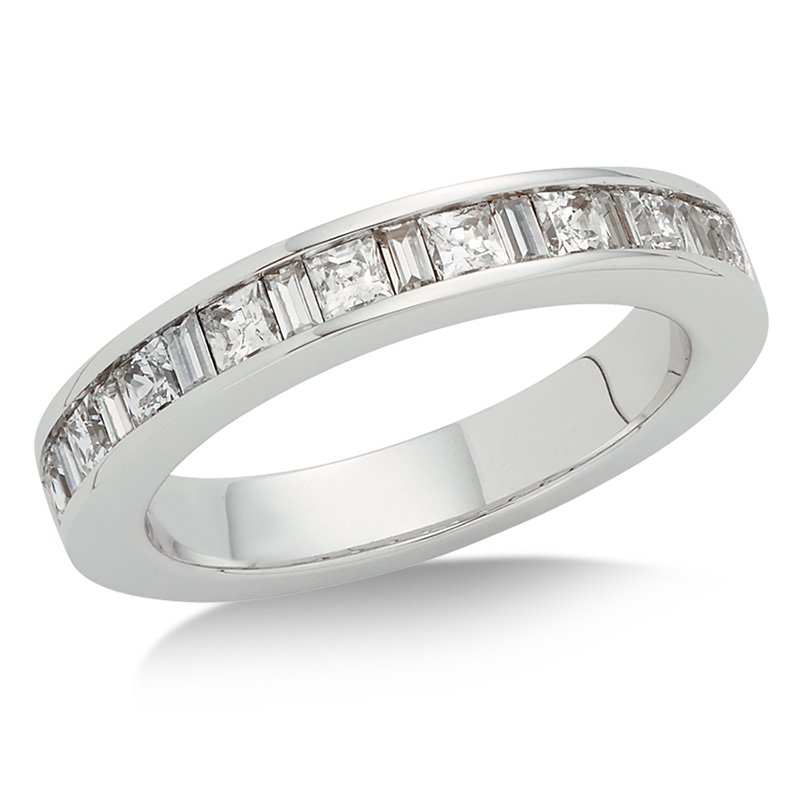 White gold, channel-set princess and baguette diamond band
