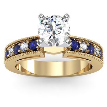 Milgrain Pave Diamond & Sapphire Engagement Ring 