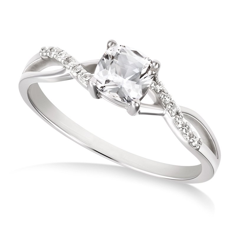 White gold, cushion-cut created white sapphire and diamond ring with split shank