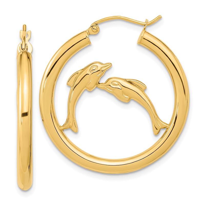 14k Yellow Gold Polished Dolphins Hoop Earrings TF1249