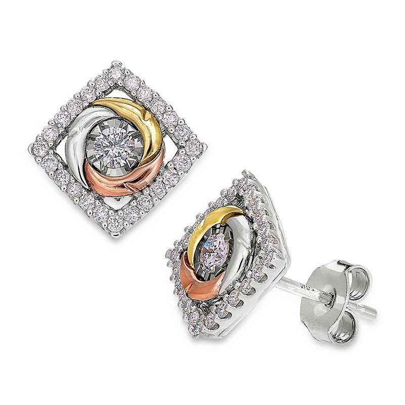 Rose, yellow and white gold, diamond-shape halo stud earrings