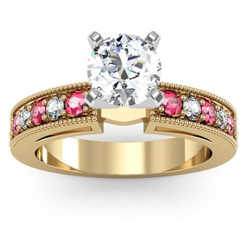 Milgrain Pave Diamond & Pink Sapphire Engagement Ring