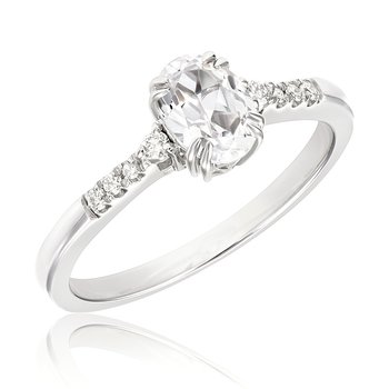 White gold, oval created white sapphire and diamond fashion ring