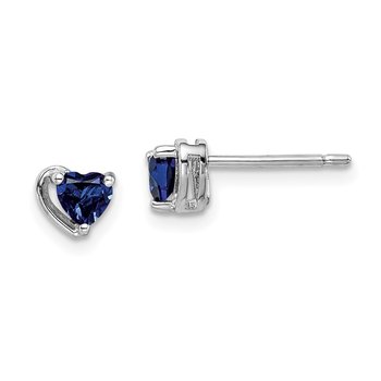 Sterling Silver Rhod-plated Created Sapphire Heart Post Earrings