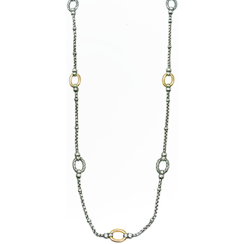 VHN 645 Long Sterling Box Chain with 4 Traversa Oval Links & 3 Shiny Yellow Gold Oval Links Necklace