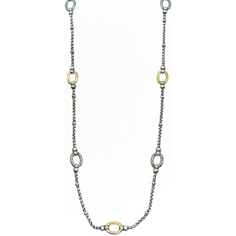 Alisa VHN 645 Long Sterling Box Chain with 4 Traversa Oval Links & 3 Shiny Yellow Gold Oval Links Necklace VHN 645