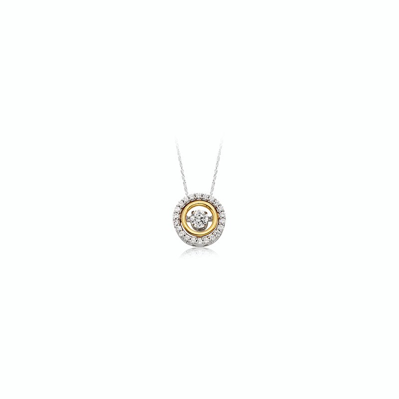 Two-tone gold, diamond halo circle pendant with a round, twinkling diamond