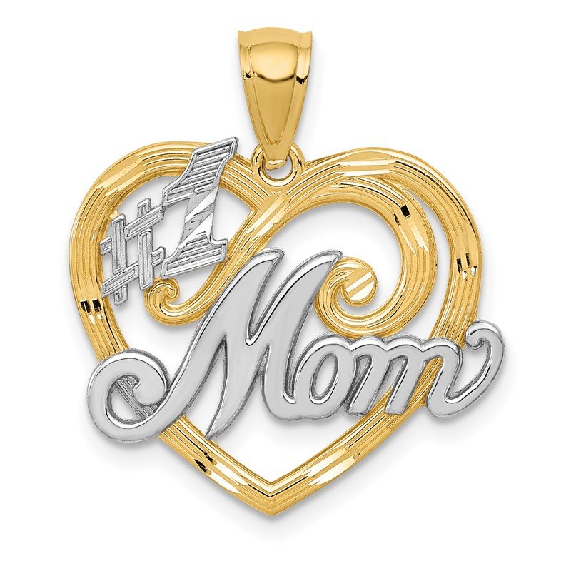 14K Yellow Gold with White Rhodium #1 MOM In Oval Frame Charm Pendant