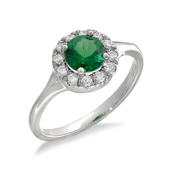Sterling silver, cubic zirconia, and synthetic emerald round halo fashion ring