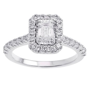 Emerald Cut Starburst Halo Diamond Engagement Ring in 14k White Gold (1ctw)