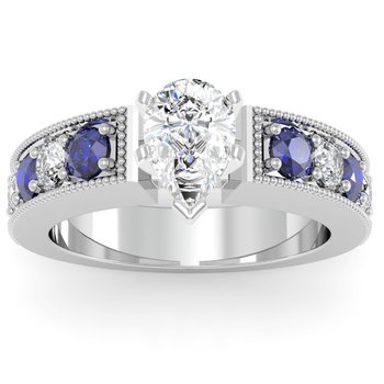 Milgrain Pave Diamond & Sapphire Engagement Ring