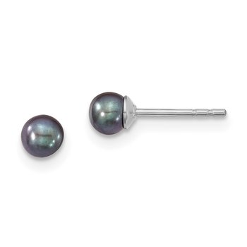 Sterling Silver 3-4mm RH Black FW Cultured Round Pearl Stud Earrings