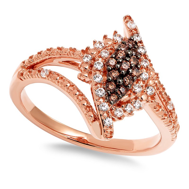 Rose gold, caramel and white diamond fashion ring with split shank