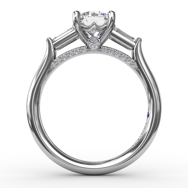 Three-Stone Round Diamond Engagement Ring With Bezel-Set Baguettes