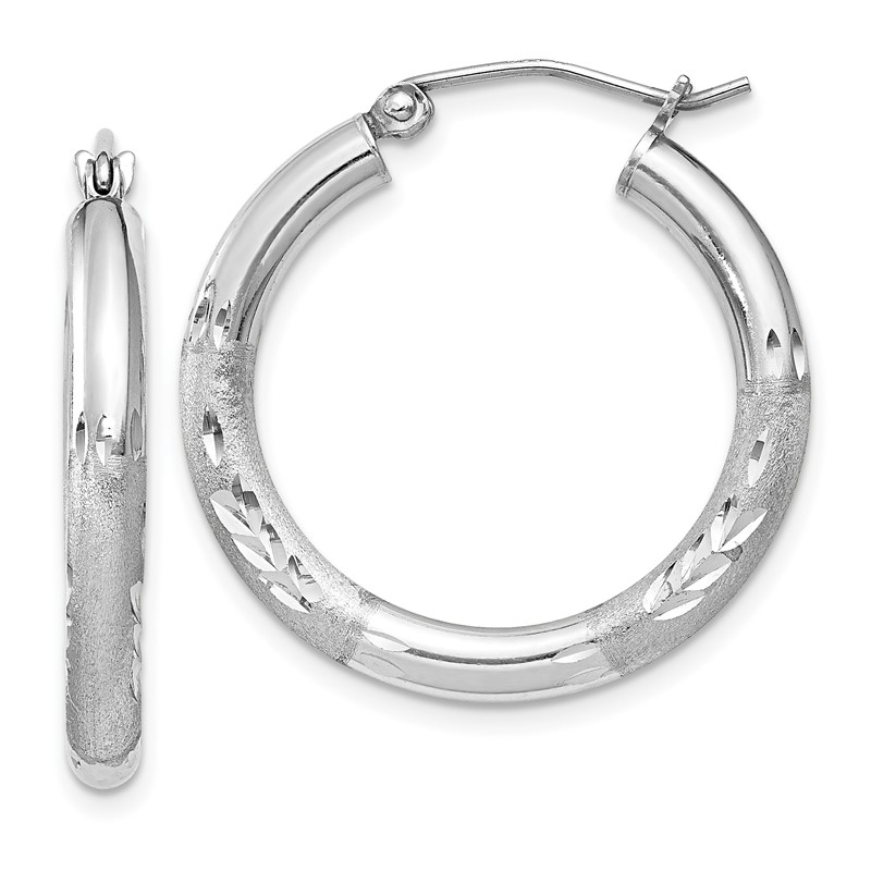Sterling Silver Rhodium-plated Polished Diamond Cut Hoops