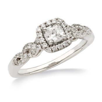 White gold and diamond cushion-cut engagement ring