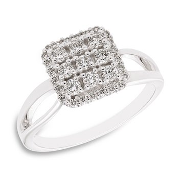 White gold, cushion-shape diamond engagement ring with split shank