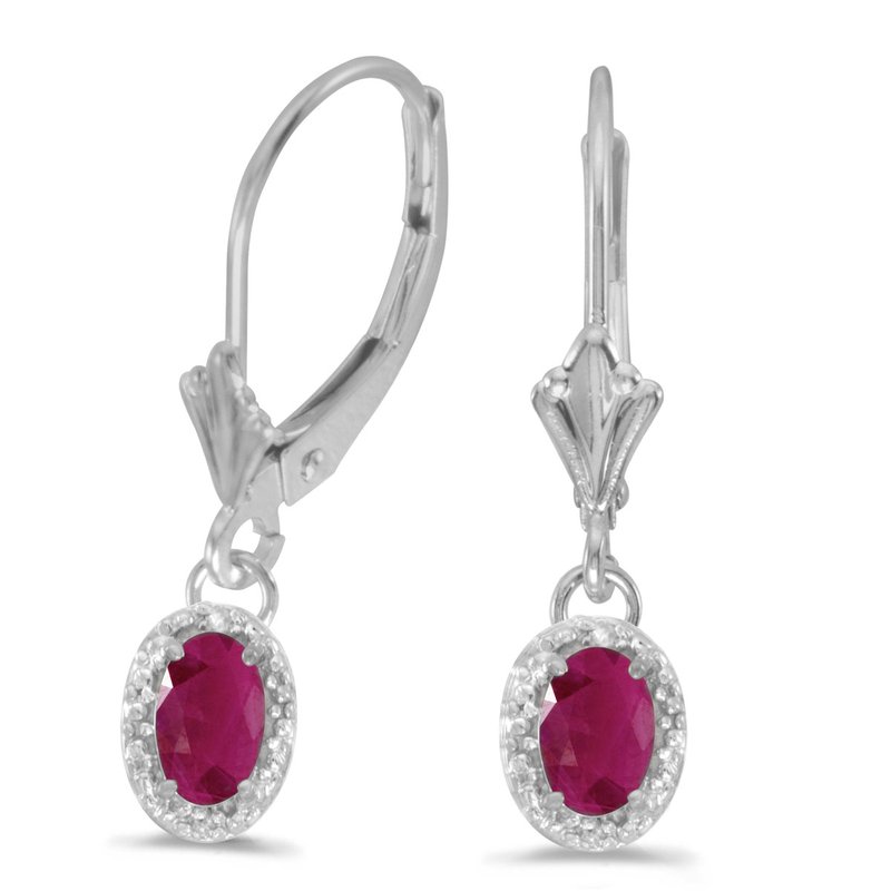 10k White Gold Oval Ruby And Diamond Earrings 
