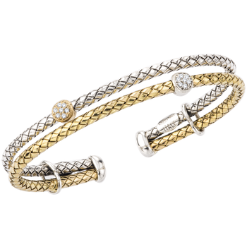 VHB 1360 D Two Strand Yellow Gold & Sterling Traversa, Two Round Shape Diamond Station Cuff Bracelet