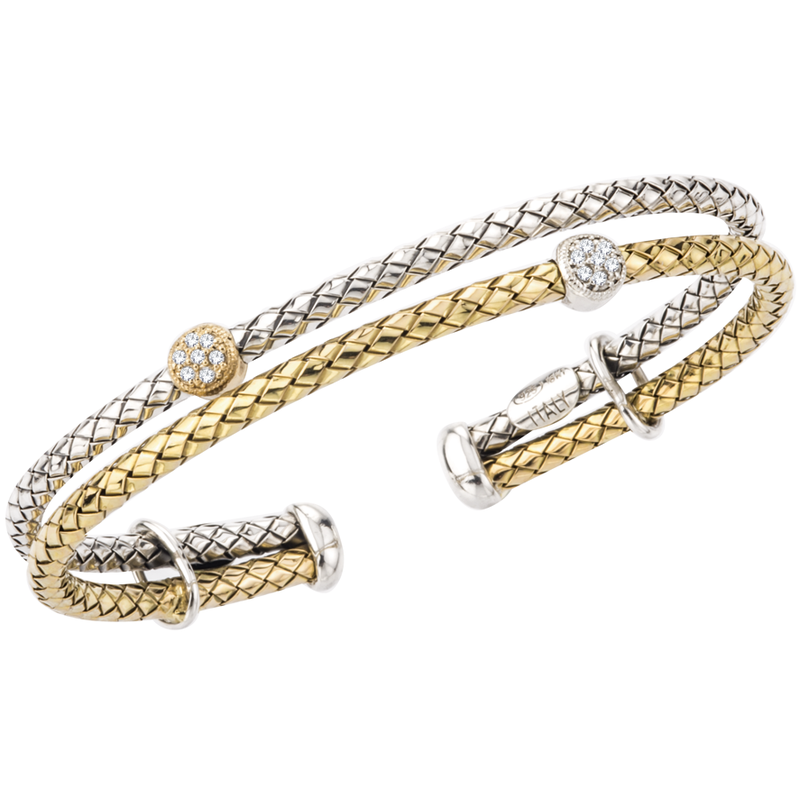 Alisa VHB 1360 D Two Strand Yellow Gold & Sterling Traversa, Two Round Shape Diamond Station Cuff Bracelet