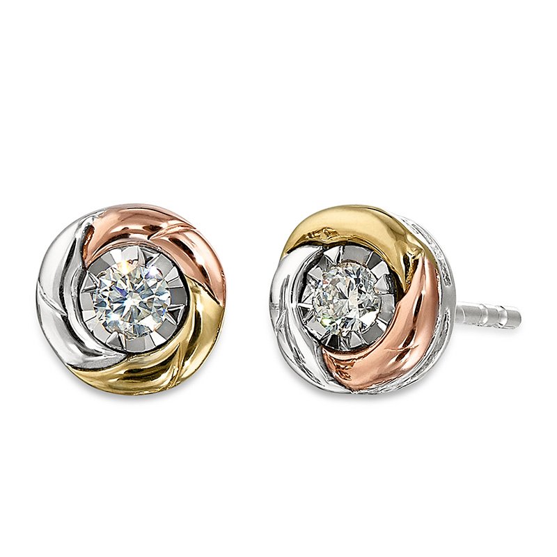 Rose, yellow and white gold diamond circle stud earrings