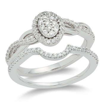 White gold, oval-shape, round diamond halo bridal set