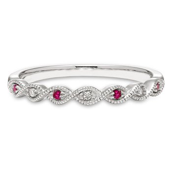 White gold, genuine ruby and diamond stackable band