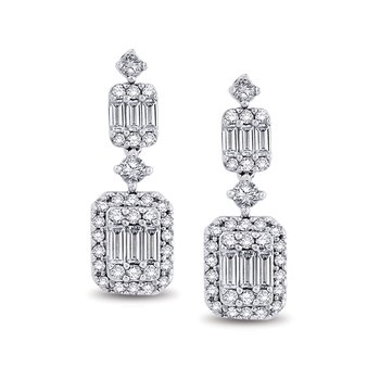 White gold, baguette and round diamond dangle earrings