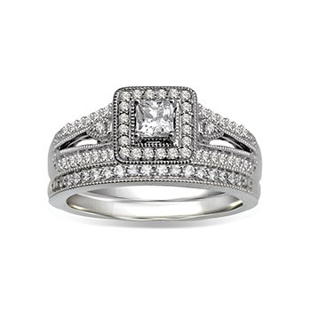 White gold, square-shape diamond halo engagement ring