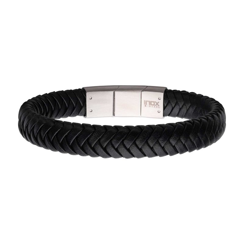 INOX Jewelry Two Tone Black Braided Genuine Leather Bracelet