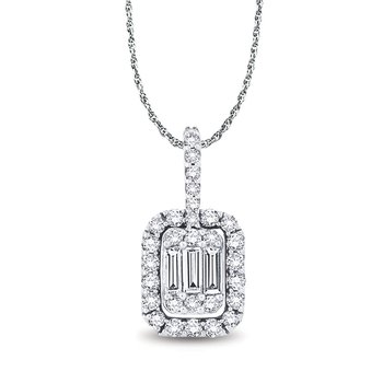 White gold, straight baguette and round diamond pendant