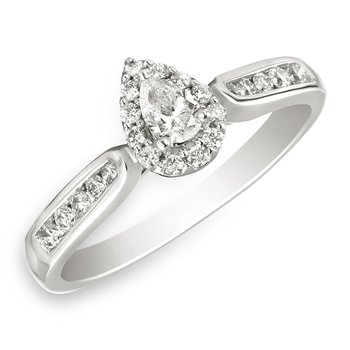 White gold, pear shape and round diamond halo engagement ring