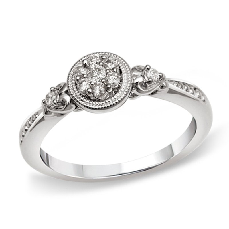 White gold, petite, beaded round diamond engagement ring