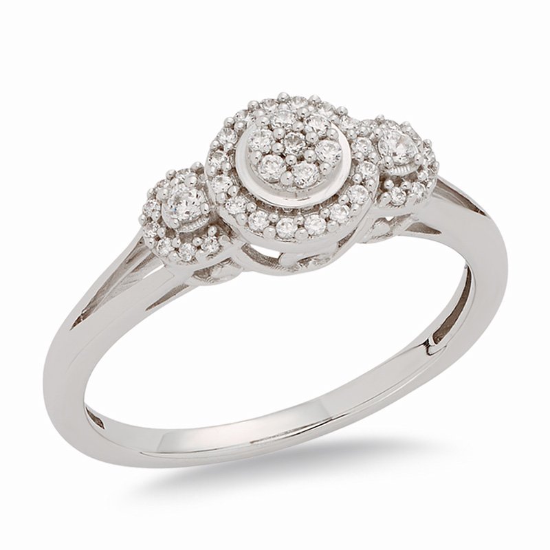 White gold, round diamond halo engagement ring with 3-stone look