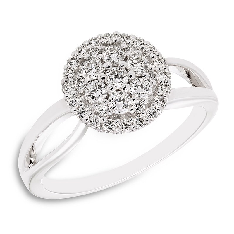 White gold, round-shape diamond engagement ring with split shank