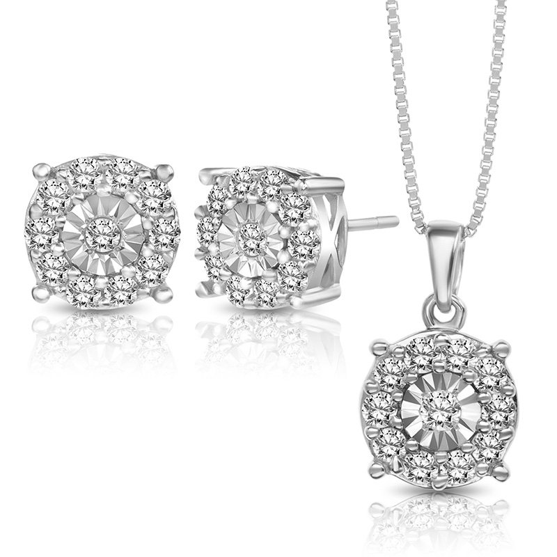 Sterling silver, halo diamond illusion pendant and earrings set