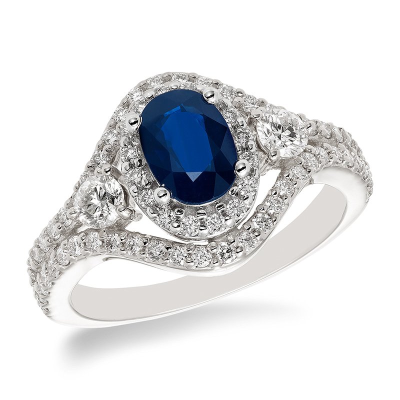 White gold, oval genuine sapphire and diamond halo ring