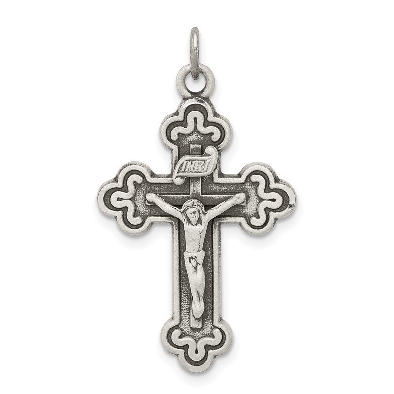 Sterling Silver Antiqued Leaf Cross INRI Crucifix Pendant 