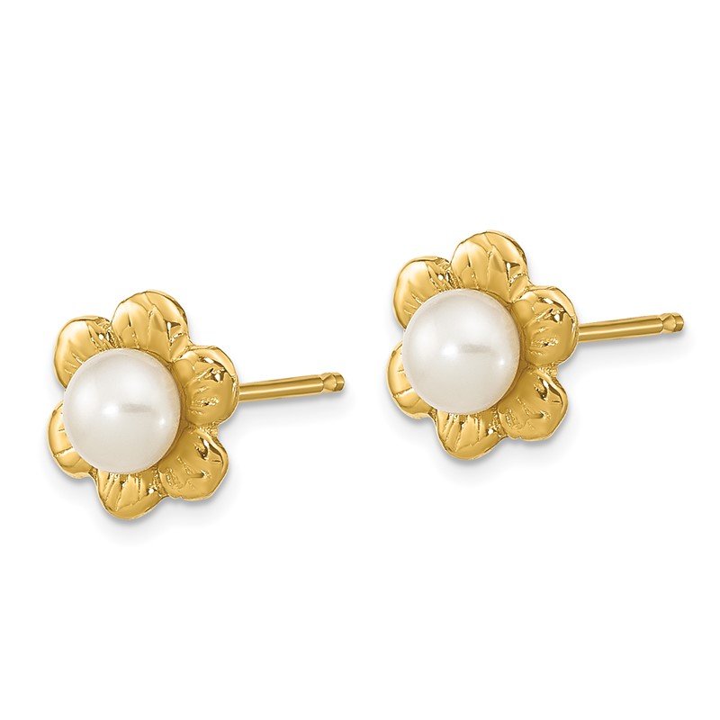 Solid 14k Yellow Gold 3-4mm White Button Freshwater Cultured Pearl Post Earrings 